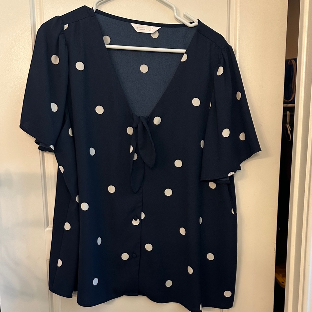 Polka Dot Tie-Front Blouse - Navy/White
